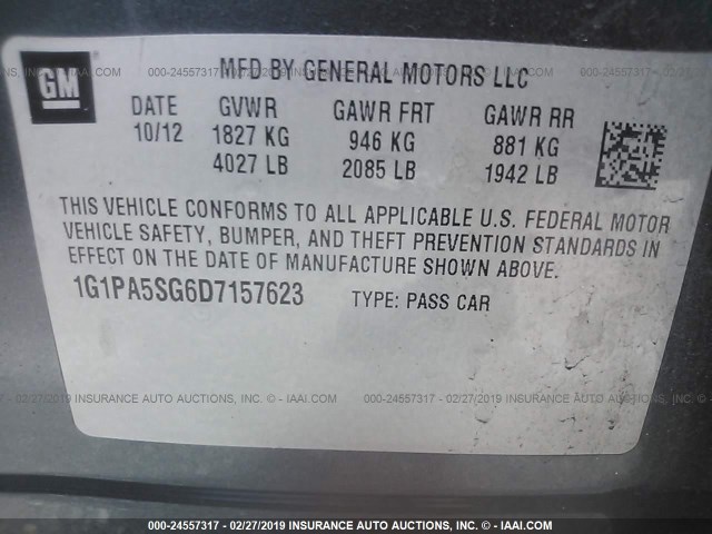 1G1PA5SG6D7157623 - 2013 CHEVROLET CRUZE LS GRAY photo 9