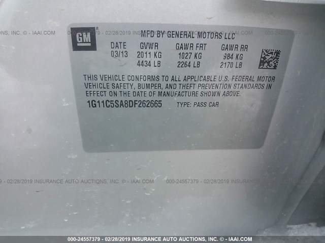 1G11C5SA8DF262665 - 2013 CHEVROLET MALIBU 1LT 银色 照片 9