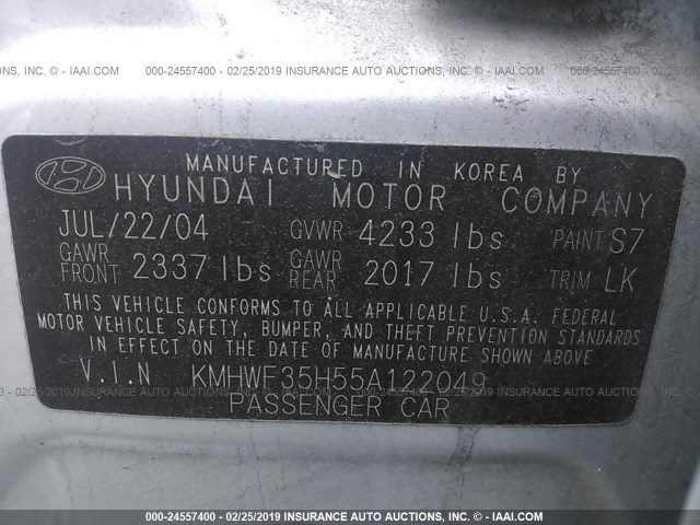 KMHWF35H55A122049 - 2005 HYUNDAI SONATA GLS/LX SILVER photo 9