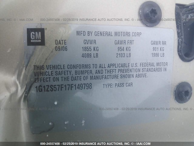 1G1ZS57F17F149798 - 2007 CHEVROLET MALIBU LS TAN photo 9