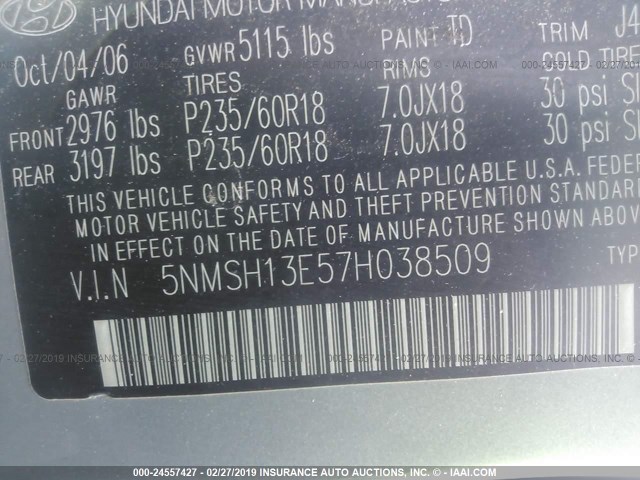 5NMSH13E57H038509 - 2007 HYUNDAI SANTA FE SE/LIMITED GRAY photo 9