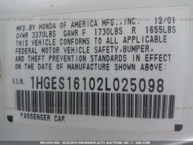 1HGES16102L025098 - 2002 HONDA CIVIC DX WHITE photo 9