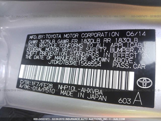 JTDKDTB3XE1568554 - 2014 TOYOTA PRIUS C SILVER photo 9