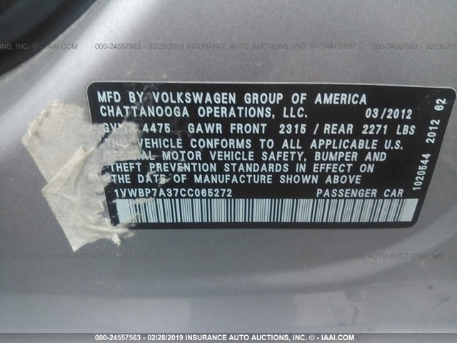 1VWBP7A37CC065272 - 2012 VOLKSWAGEN PASSAT SE SILVER photo 9