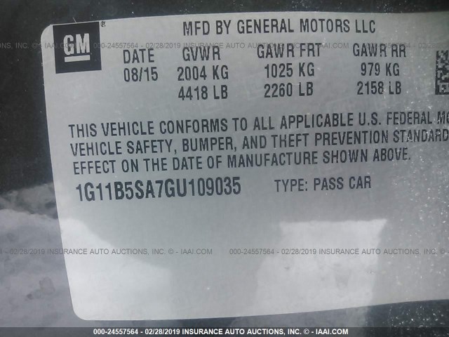 1G11B5SA7GU109035 - 2016 CHEVROLET MALIBU LIMITED LS GRAY photo 9
