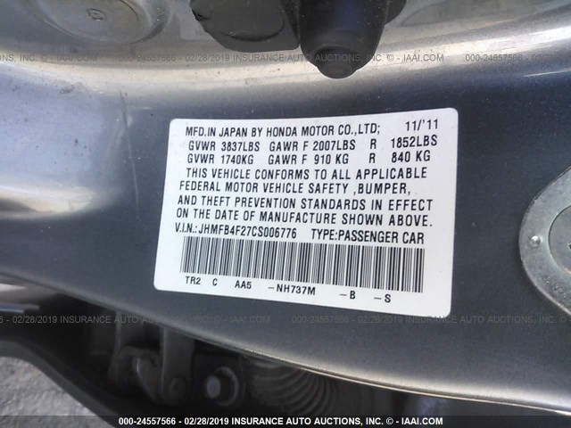 JHMFB4F27CS006776 - 2012 HONDA CIVIC HYBRID GRAY photo 9