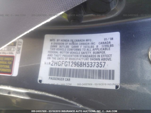 2HGFG12968H537357 - 2008 HONDA CIVIC EXL შამპანური ფოტო 9