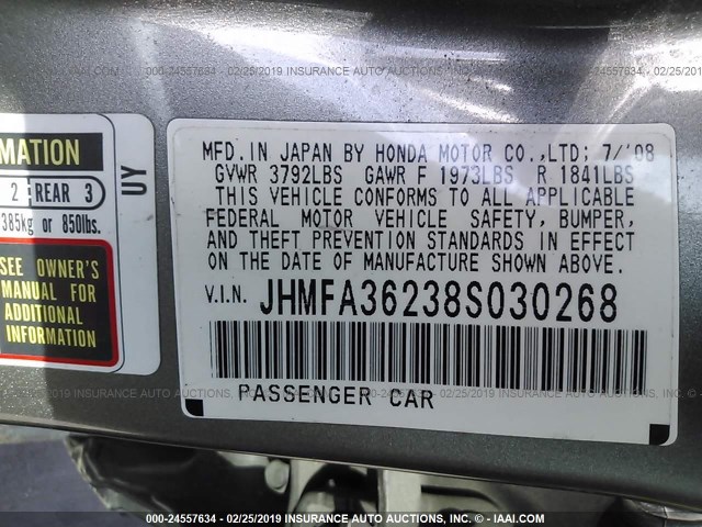 JHMFA36238S030268 - 2008 HONDA CIVIC HYBRID GRAY photo 9