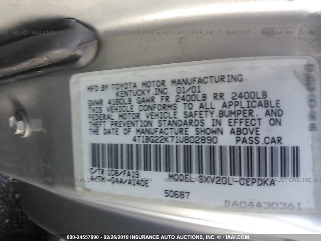 4T1BG22K71U802890 - 2001 TOYOTA CAMRY CE/LE/XLE SILVER photo 9