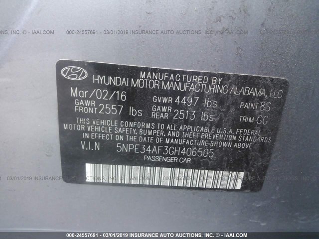 5NPE34AF3GH406505 - 2016 HYUNDAI SONATA SPORT/LIMITED GRAY photo 9