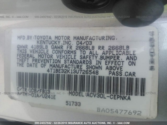 4T1BE32K13U726548 - 2003 TOYOTA CAMRY LE/XLE/SE GRAY photo 9
