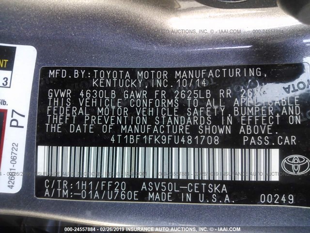 4T1BF1FK9FU481708 - 2015 TOYOTA CAMRY LE/XLE/SE/XSE GRAY photo 9