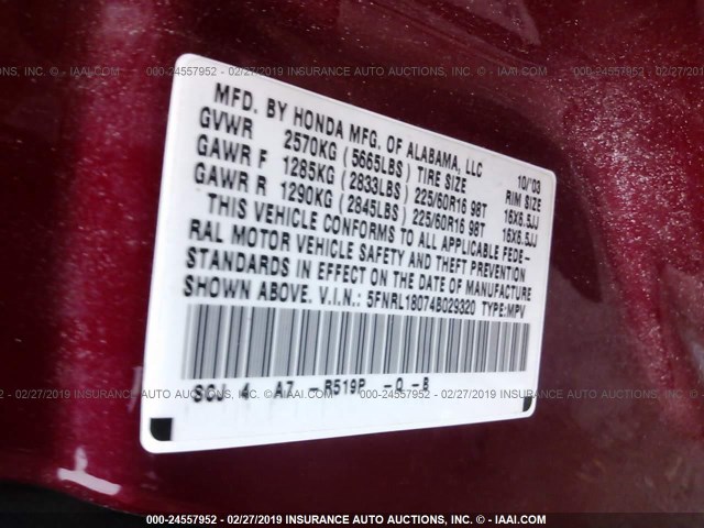 5FNRL18074B029320 - 2004 HONDA ODYSSEY EXL RED photo 9