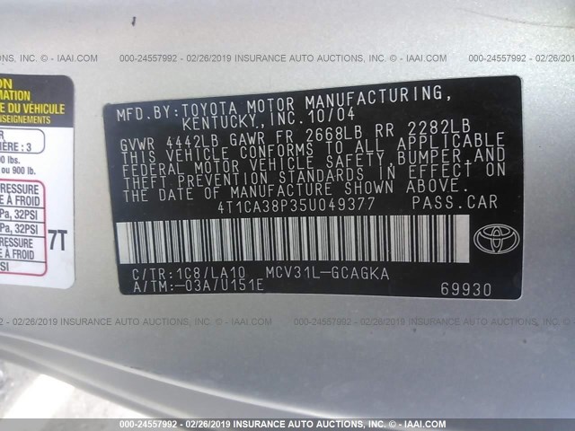 4T1CA38P35U049377 - 2005 TOYOTA CAMRY SOLARA SE/SLE SILVER photo 9