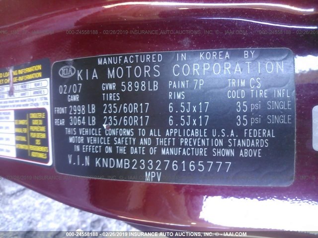 KNDMB233276165777 - 2007 KIA SEDONA EX/LX MAROON photo 9