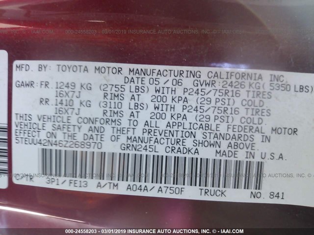 5TEUU42N46Z268970 - 2006 TOYOTA TACOMA ACCESS CAB წითელი ფოტო 9