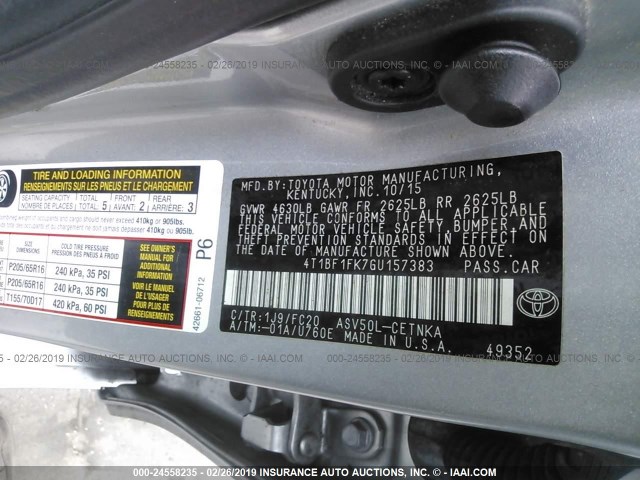 4T1BF1FK7GU157383 - 2016 TOYOTA CAMRY LE/XLE/SE/XSE 银色 照片 9