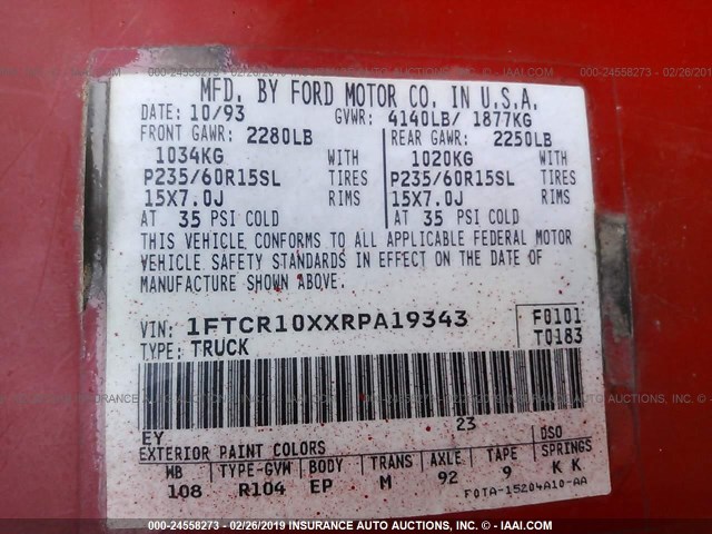 1FTCR10XXRPA19343 - 1994 FORD RANGER RED photo 9