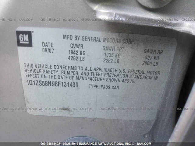 1G1ZS58N98F131430 - 2008 CHEVROLET MALIBU LS BROWN photo 9