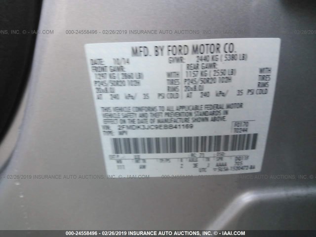 2FMDK3JC9EBB41169 - 2014 FORD EDGE SEL SILVER photo 9