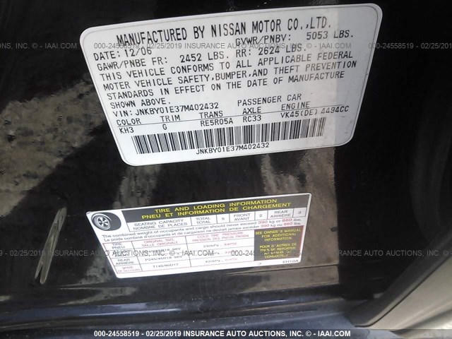 JNKBY01E37M402432 - 2007 INFINITI M45 SPORT BLACK photo 9