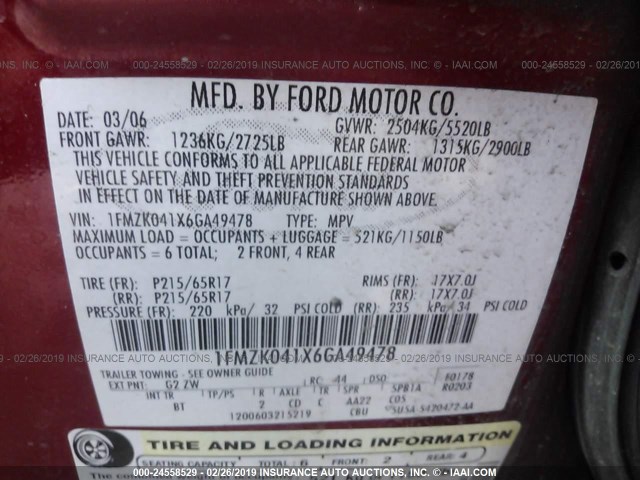 1FMZK041X6GA49478 - 2006 FORD FREESTYLE SE RED photo 9