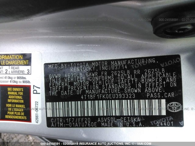 4T1BF1FK0EU393323 - 2014 TOYOTA CAMRY L/SE/LE/XLE 银色 照片 9