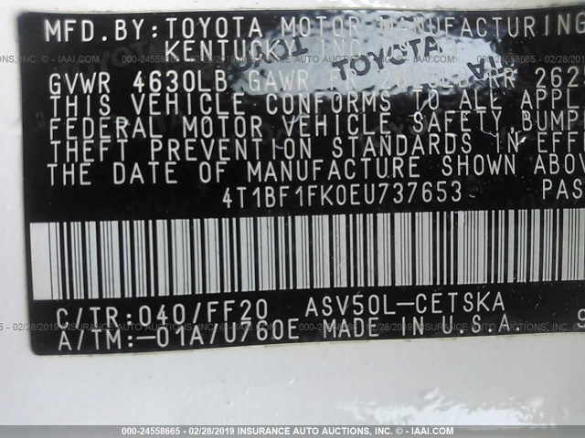 4T1BF1FK0EU737653 - 2014 TOYOTA CAMRY L/SE/LE/XLE 白色 照片 9