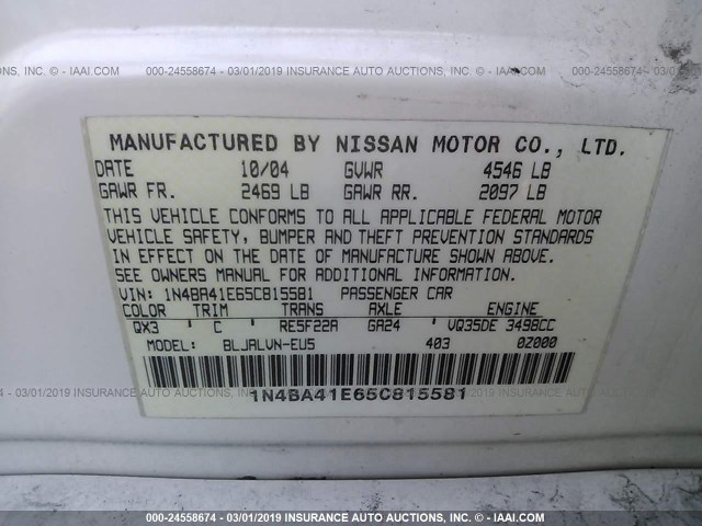 1N4BA41E65C815581 - 2005 NISSAN MAXIMA SE/SL WHITE photo 9