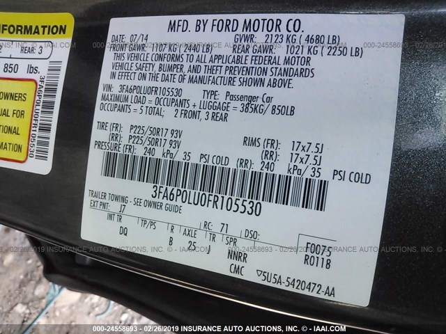 3FA6P0LU0FR105530 - 2015 FORD FUSION SE HYBRID GRAY photo 9