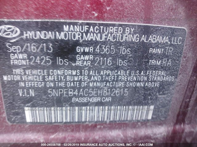 5NPEB4AC5EH812615 - 2014 HYUNDAI SONATA GLS RED photo 9