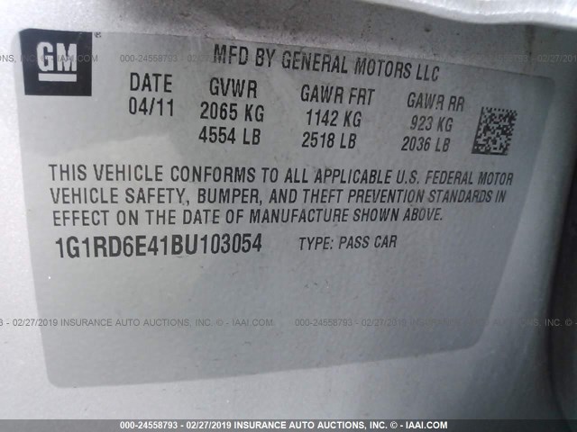 1G1RD6E41BU103054 - 2011 CHEVROLET VOLT SILVER photo 9