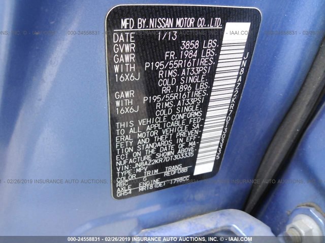 JN8AZ2KR7DT303335 - 2013 NISSAN CUBE S/SL BLUE photo 9