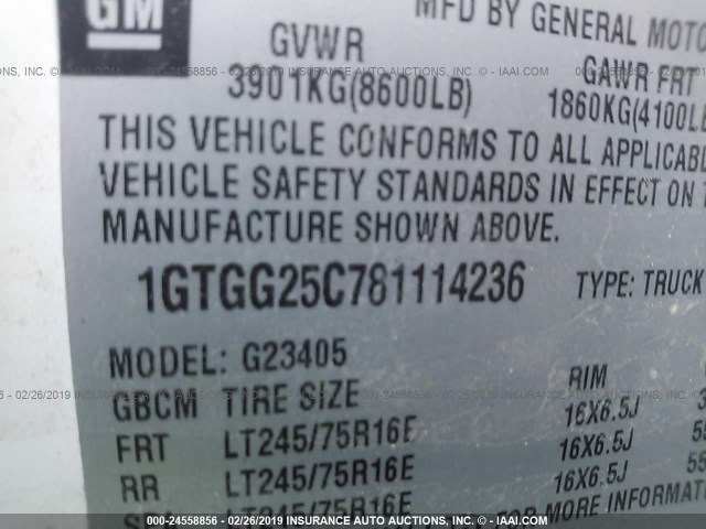 1GTGG25C781114236 - 2008 GMC SAVANA G2500 WHITE photo 9