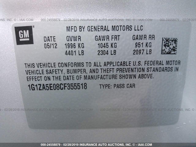 1G1ZA5E08CF355518 - 2012 CHEVROLET MALIBU LS SILVER photo 9