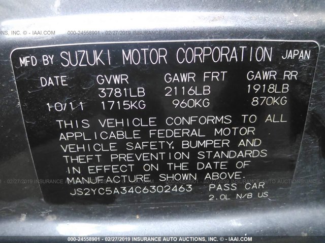 JS2YC5A34C6302463 - 2012 SUZUKI SX4 LE GRAY photo 9