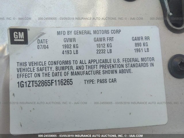 1G1ZT52865F116265 - 2005 CHEVROLET MALIBU LS TAN photo 9