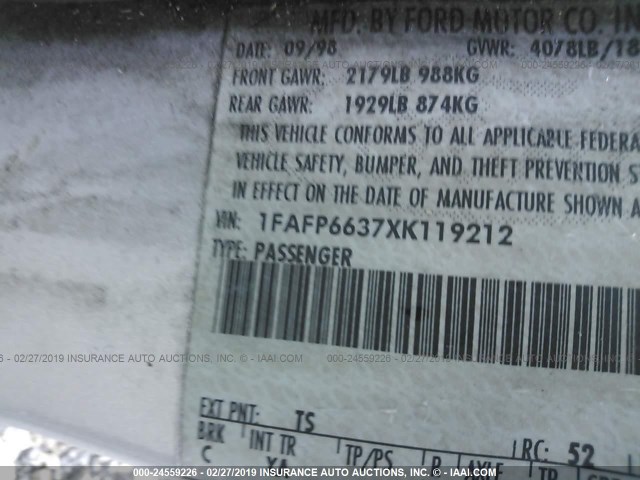 1FAFP6637XK119212 - 1999 FORD CONTOUR SE GRAY photo 9