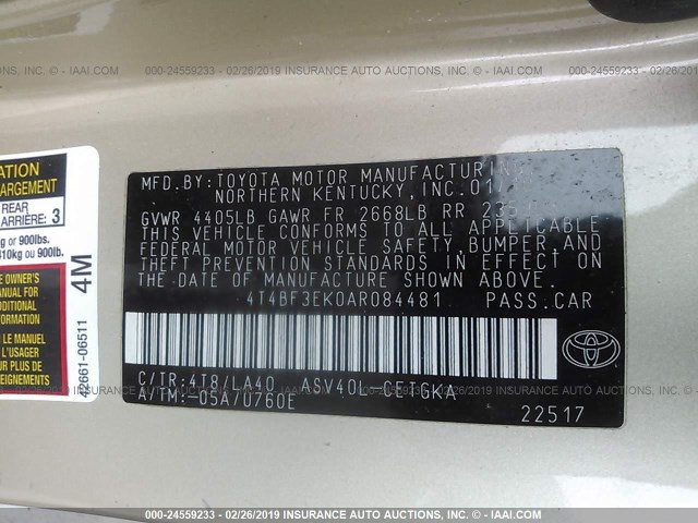 4T4BF3EK0AR084481 - 2010 TOYOTA CAMRY SE/LE/XLE 金色 照片 9