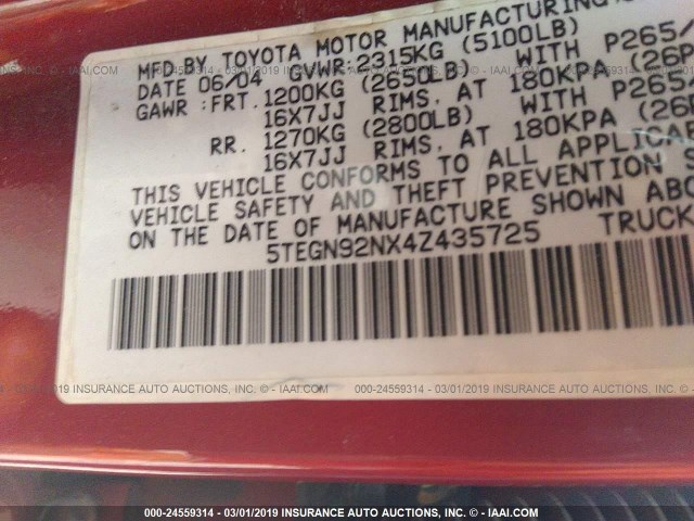 5TEGN92NX4Z435725 - 2004 TOYOTA TACOMA DOUBLE CAB PRERUNNER MAROON photo 9