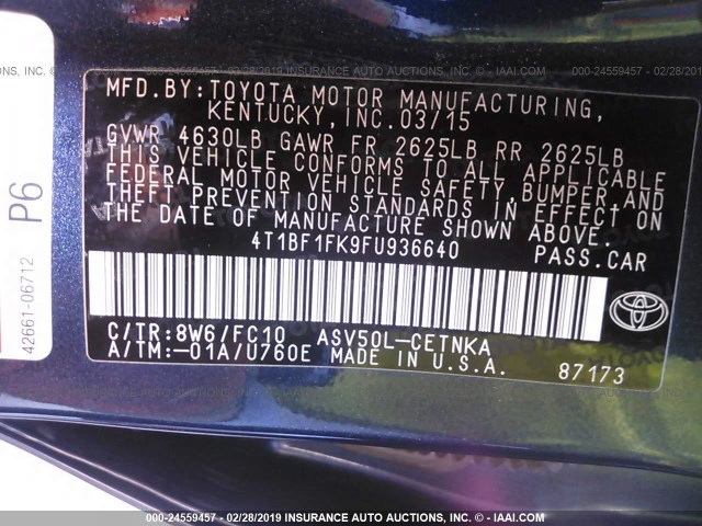 4T1BF1FK9FU936640 - 2015 TOYOTA CAMRY LE/XLE/SE/XSE BLUE photo 9