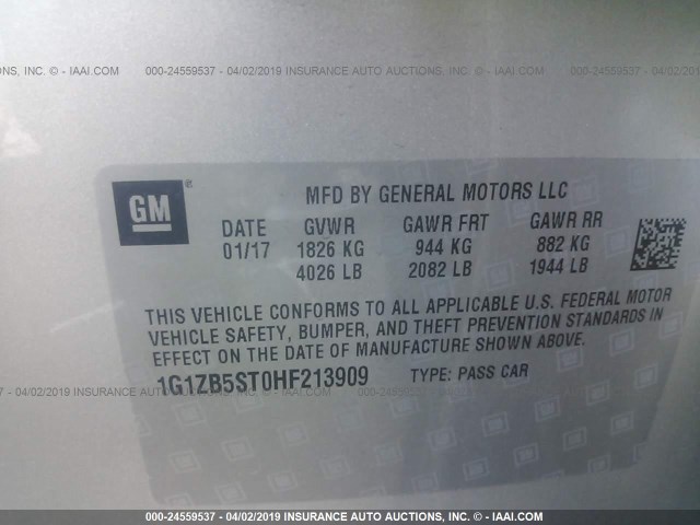 1G1ZB5ST0HF213909 - 2017 CHEVROLET MALIBU LS SILVER photo 9