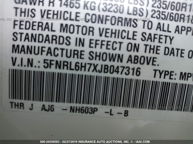 5FNRL6H7XJB047316 - 2018 HONDA ODYSSEY EXL WHITE photo 9