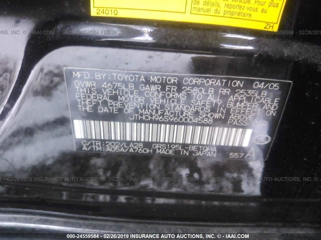 JTHCH96S960004588 - 2006 LEXUS GS GENERATION 200 300 BLACK photo 9