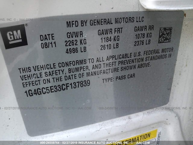 1G4GC5E33CF137839 - 2012 BUICK LACROSSE WHITE photo 9