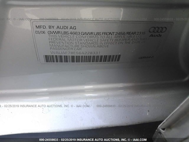 WAUAF78E56A228331 - 2006 AUDI A4 2/TURBO SILVER photo 9