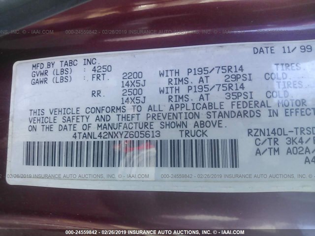 4TANL42NXYZ605613 - 2000 TOYOTA TACOMA MAROON photo 9