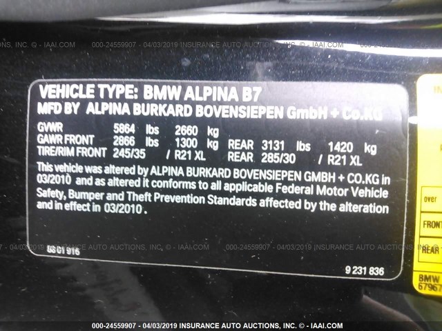 WBAKA8C5XBC446814 - 2011 BMW ALPINA B7 GRAY photo 9
