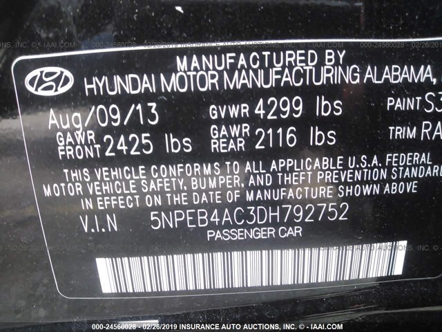 5NPEB4AC3DH792752 - 2013 HYUNDAI SONATA GLS BLACK photo 9