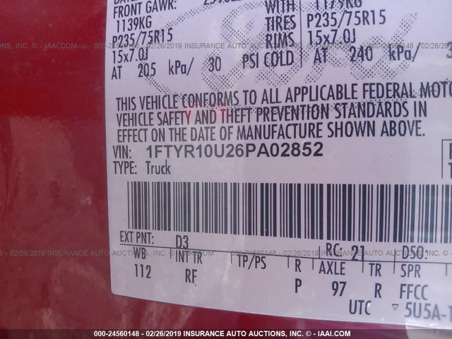 1FTYR10U26PA02852 - 2006 FORD RANGER RED photo 9